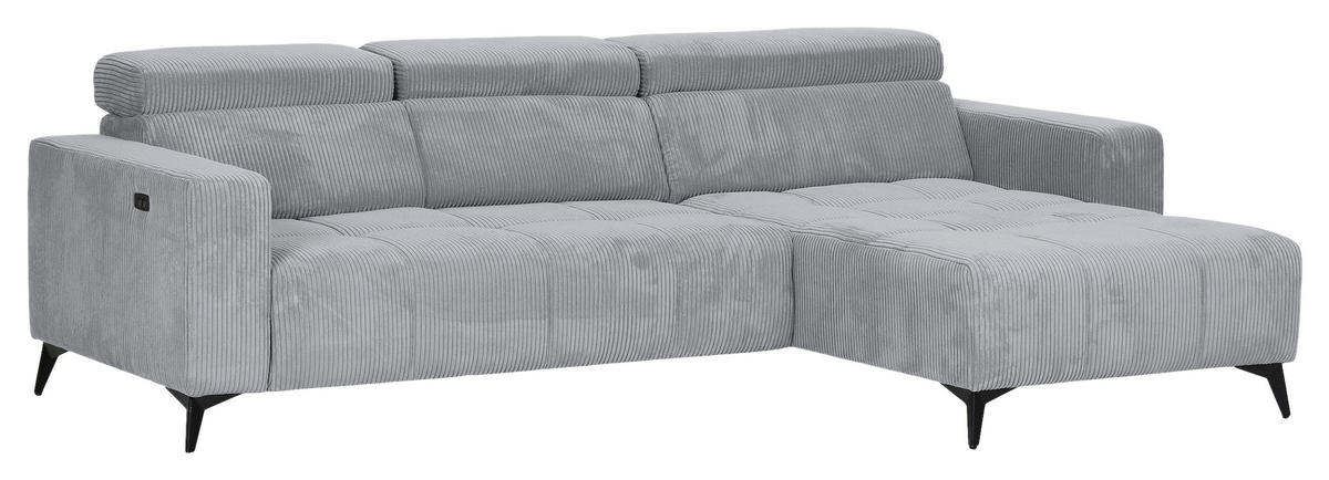 ECKSOFA Hellgrau Cord Rücken echt, Kopfteilverstellung, Sitzvorzug  - Hellgrau/Schwarz, KONVENTIONELL, Textil/Metall (257/170cm) - Carryhome