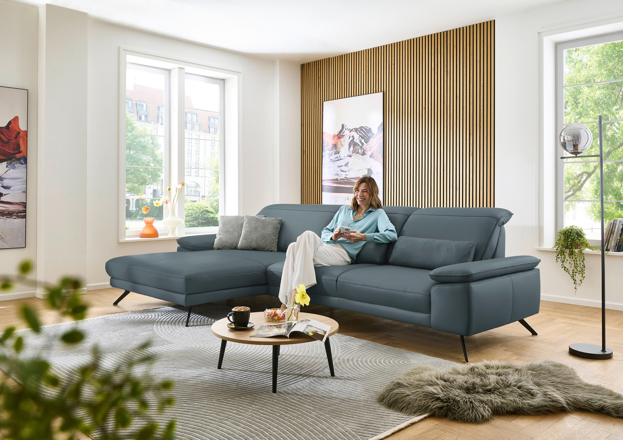 ECKSOFA in Echtleder Grau  - Schwarz/Grau, Design, Leder/Metall (193/332cm) - Dieter Knoll