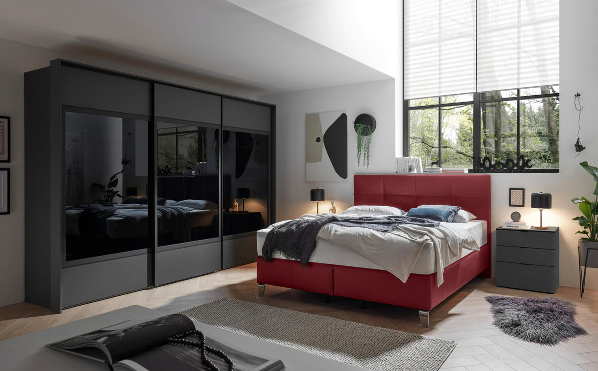 BOXSPRINGBETT 180/200 cm  in Bordeaux  - Chromfarben/Bordeaux, KONVENTIONELL, Leder/Textil (180/200cm) - Novel