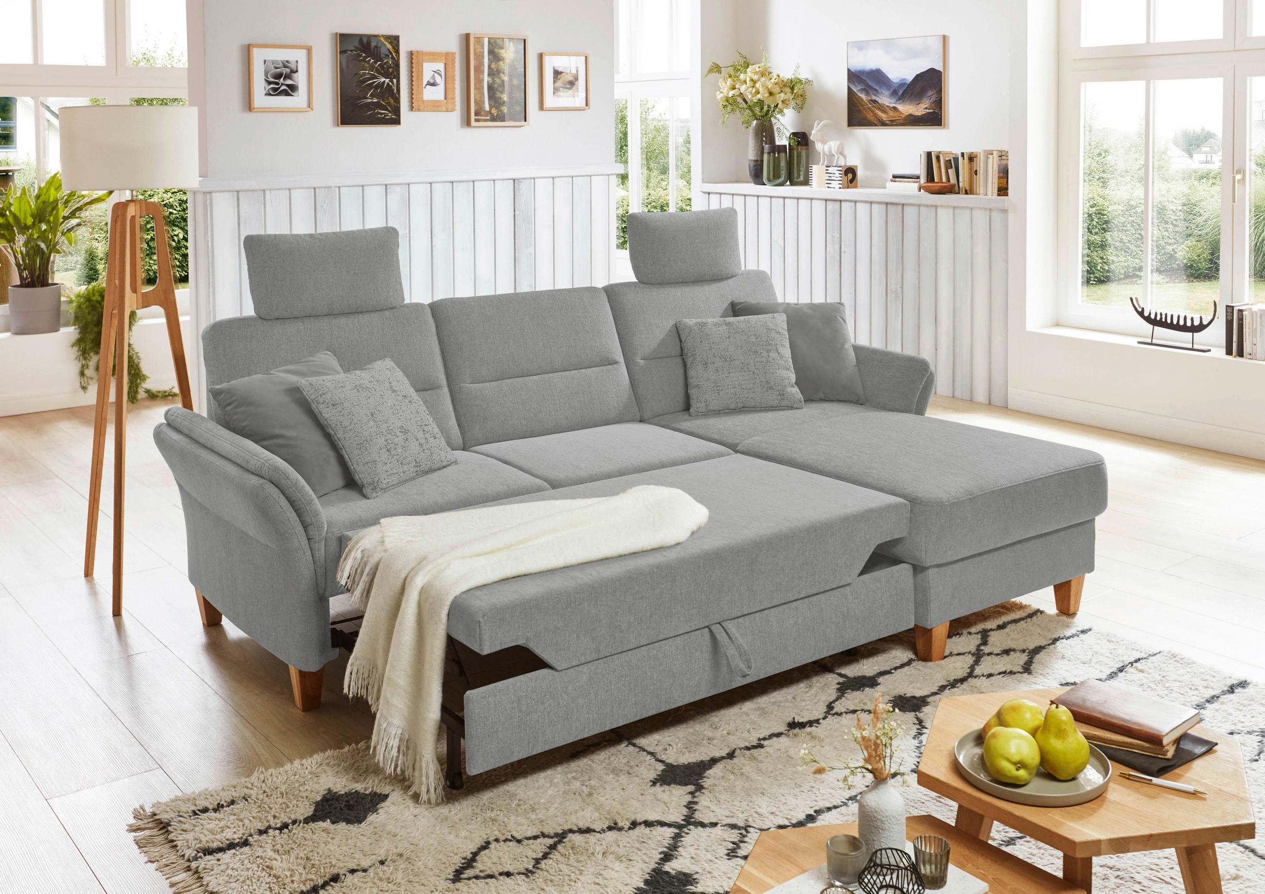 ECKSOFA in Flachgewebe Hellgrau  - Eichefarben/Hellgrau, Konventionell, Holz/Textil (252/162cm) - Sit & More