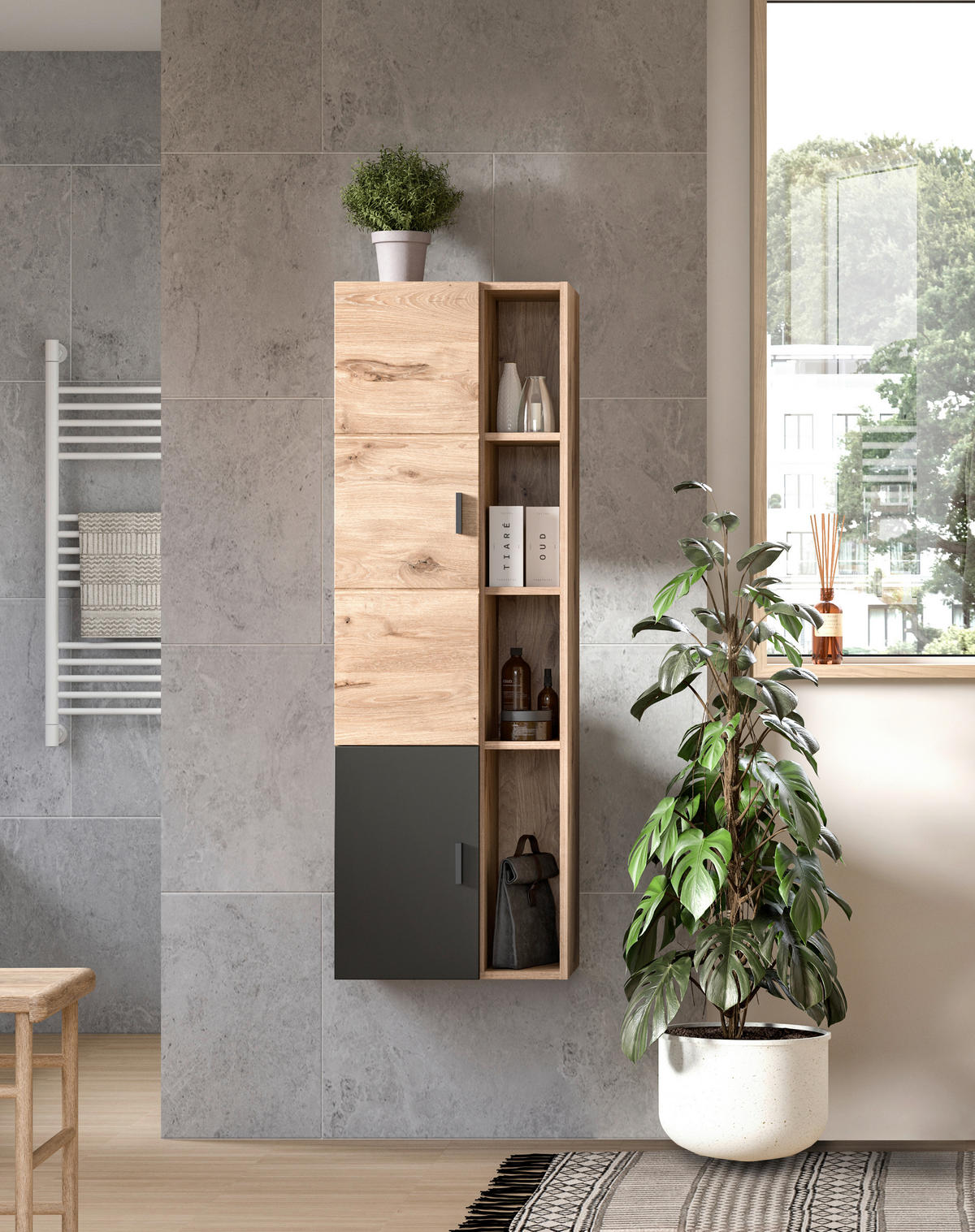 SREDNJE VISOKA OMARA 48/144/35 cm  - siva/barve hrasta, Moderno, kovina/leseni material (48/144/35cm) - MID.YOU