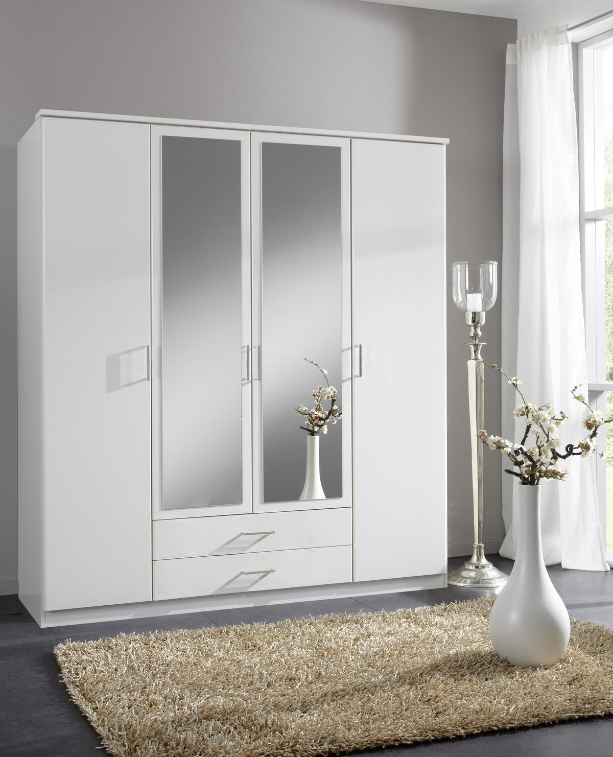 GARDEROB MED GÅNGJÄRN 180/199/58 cm 4-dörrar - vit/aluminiumfärg, Klassisk, trämaterial/glas (180/199/58cm) - MID.YOU