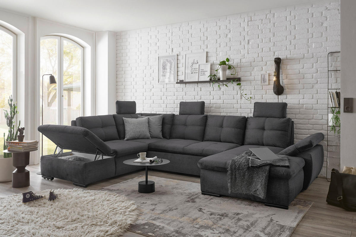 WOHNLANDSCHAFT in Mikrovelours Grau  - Schwarz/Grau, KONVENTIONELL, Kunststoff/Textil (217/334/127cm) - Carryhome