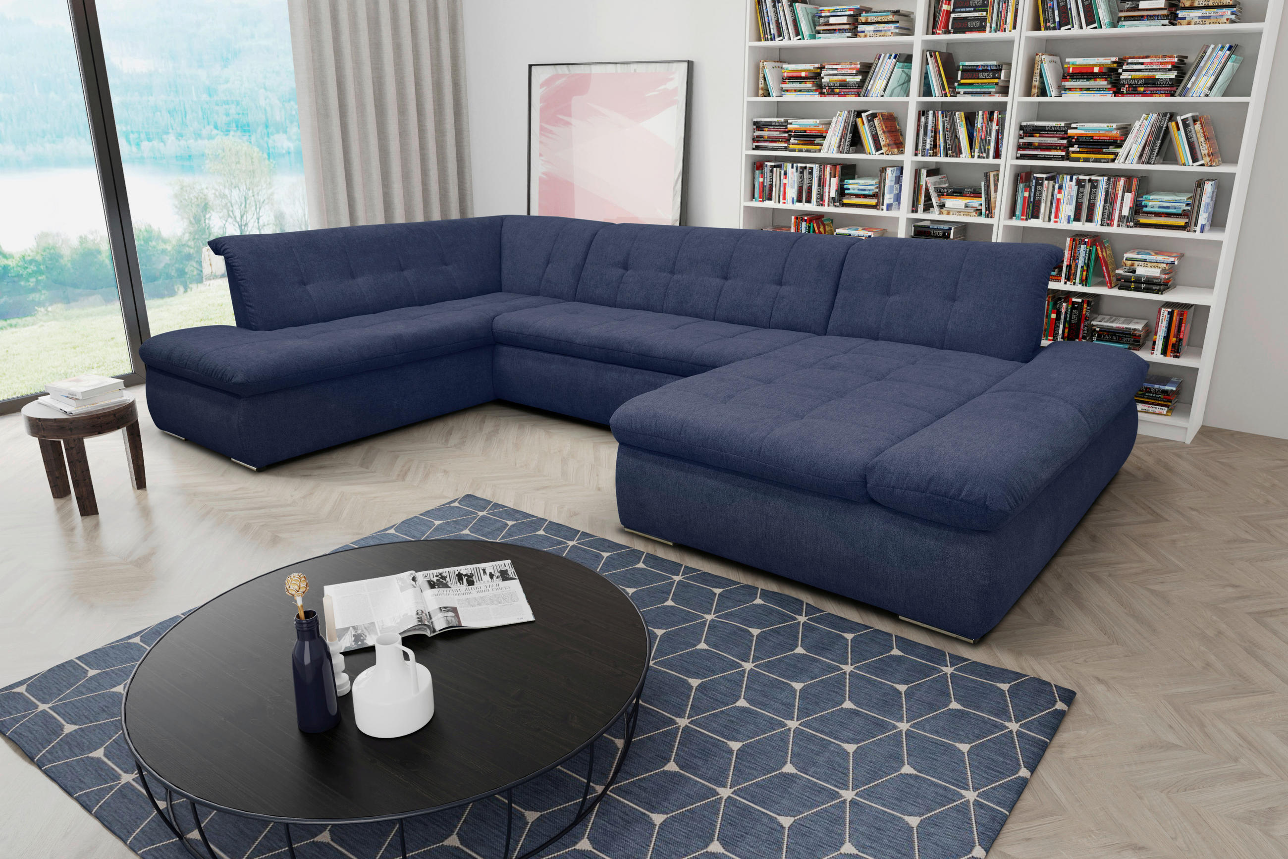 WOHNLANDSCHAFT Dunkelblau Mikrofaser - Chromfarben/Dunkelblau, KONVENTIONELL, Textil/Metall (216/353/172cm) - MID.YOU