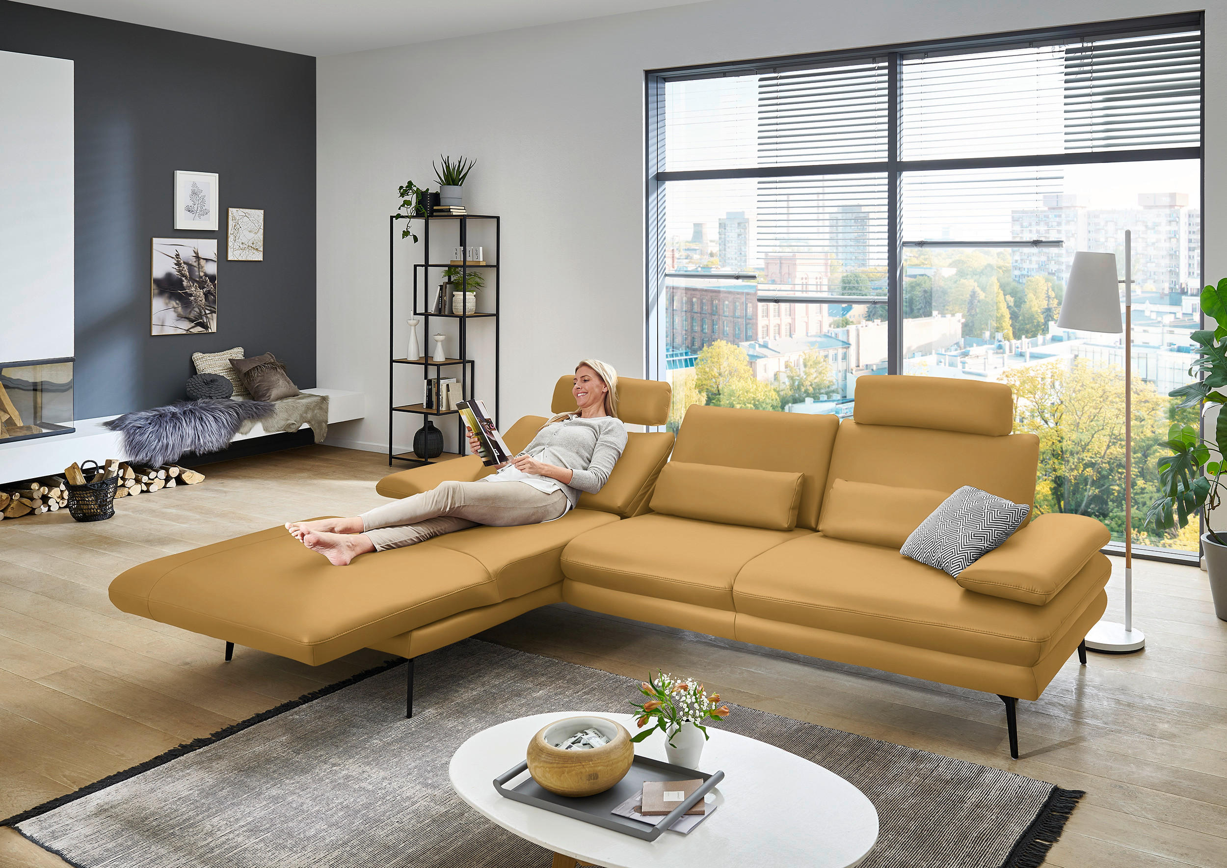 ECKSOFA in Echtleder Gelb  180/310 cm  - Gelb/Schwarz, Design, Leder/Metall (180/310cm) - Dieter Knoll