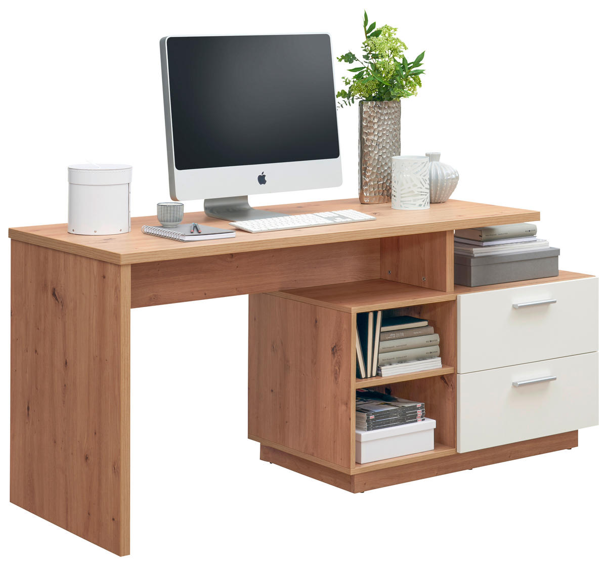 PÍSACÍ STÔL, biela, dub artisan, 166/65/75 cm - biela/strieborná, Konventionell, kompozitné drevo/plast (166/65/75cm) - Xora