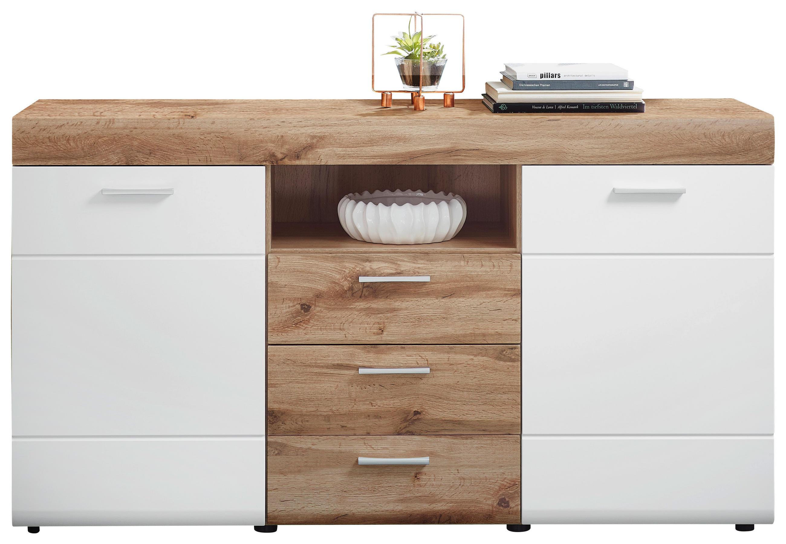 KOMODA, bela, barve hrasta - srebrne barve/barve hrasta, Konvencionalno, umetna masa/leseni material (160/87/44cm) - Xora