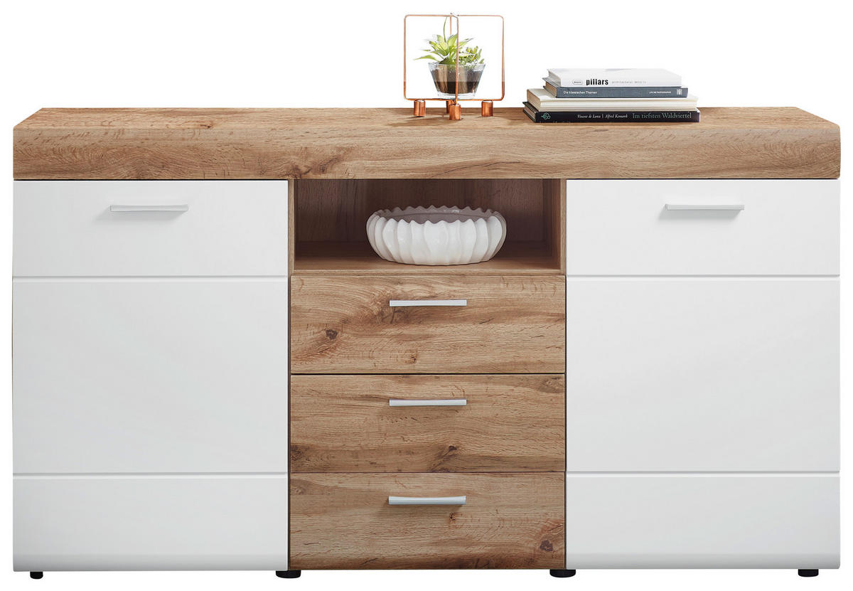 KOMMODE Lyon Weiss, Eichefarben  160/87/44 cm  - Weiss/Eichefarben, Konventionell, Holzwerkstoff/Kunststoff (160/87/44cm) - Xora