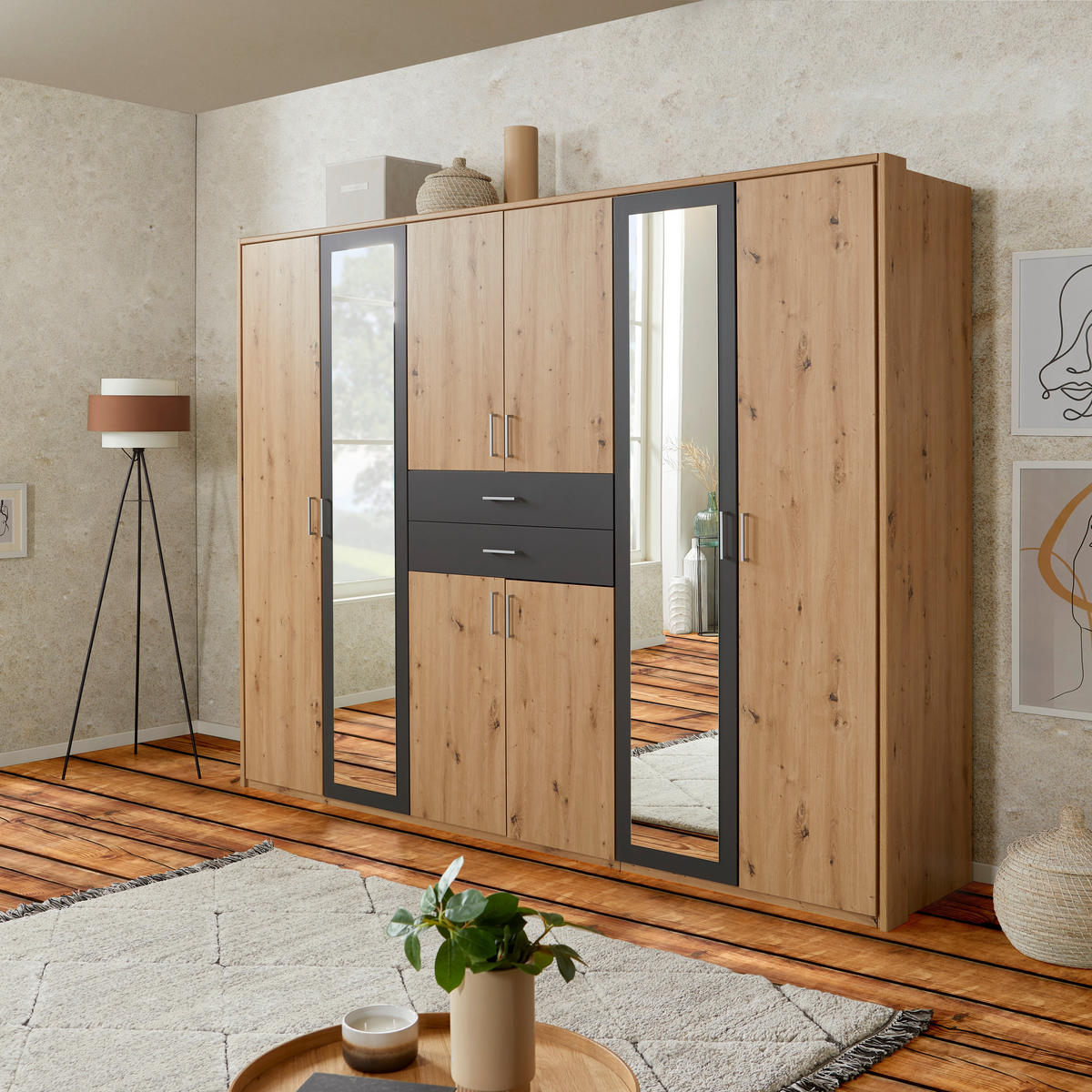 KLEIDERSCHRANK Graphitfarben, Eichefarben  - Eichefarben/Alufarben, Konventionell, Holzwerkstoff/Kunststoff (270/208/58cm) - P & B