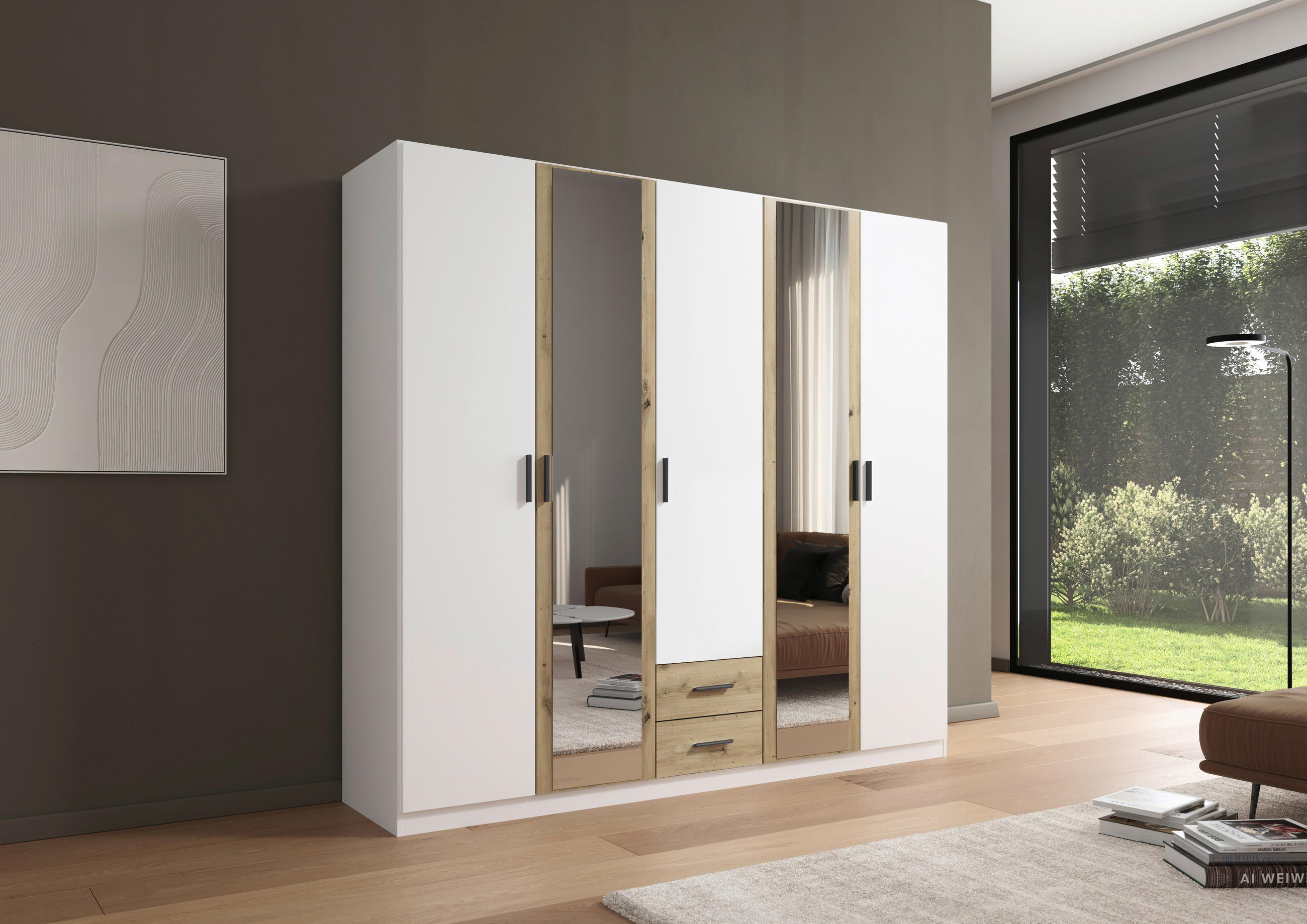 Thumbnail - Rauch Möbel Kleiderschrank, Weiß, Eiche Artisan, Kunststoff, 3 Fächer, 2 Schubladen, 226x210x54 cm, Blauer Engel, Golden...