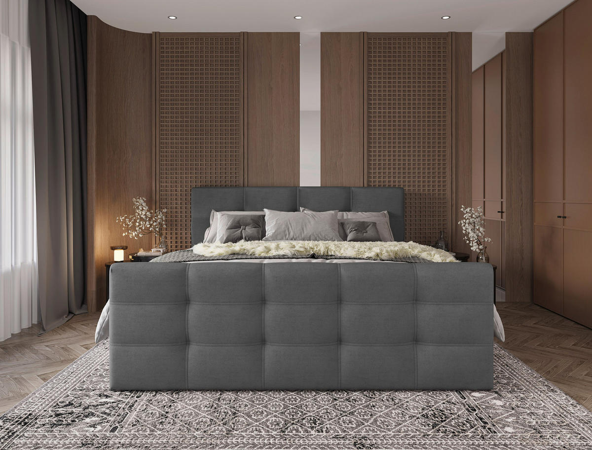 BOXBETT 180/200 cm,  in Grau, gepolstertes Kopfteil, Bettkasten, Topper, Matratzen, Wendematratze mit unterschiedlichen Härtegraden, H2 + H3 = mittel + fest  - Schwarz/Grau, Basics, Kunststoff/Textil (180/200cm) - Chameo