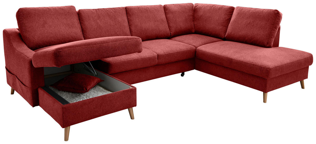 WOHNLANDSCHAFT in Chenille Rot  - Rot/Naturfarben, KONVENTIONELL, Holz/Textil (150/301/200cm) - Livetastic