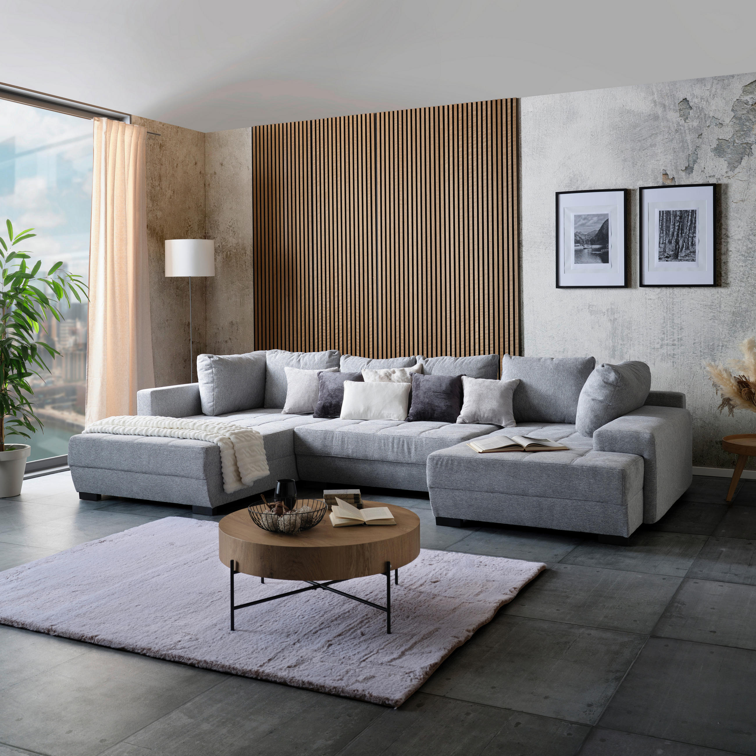 WOHNLANDSCHAFT Hellgrau  - Hellgrau/Schwarz, MODERN, Holz/Textil (359/216cm) - MID.YOU