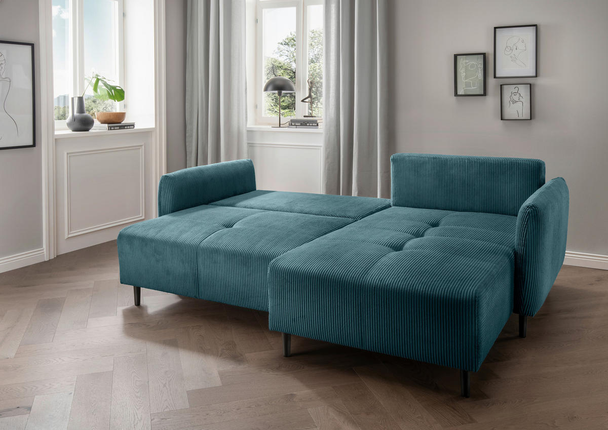ECKSCHLAFSOFA Cord Petrol  - Petrol/Schwarz, Basics, Holz/Textil (238/174cm) - Livetastic