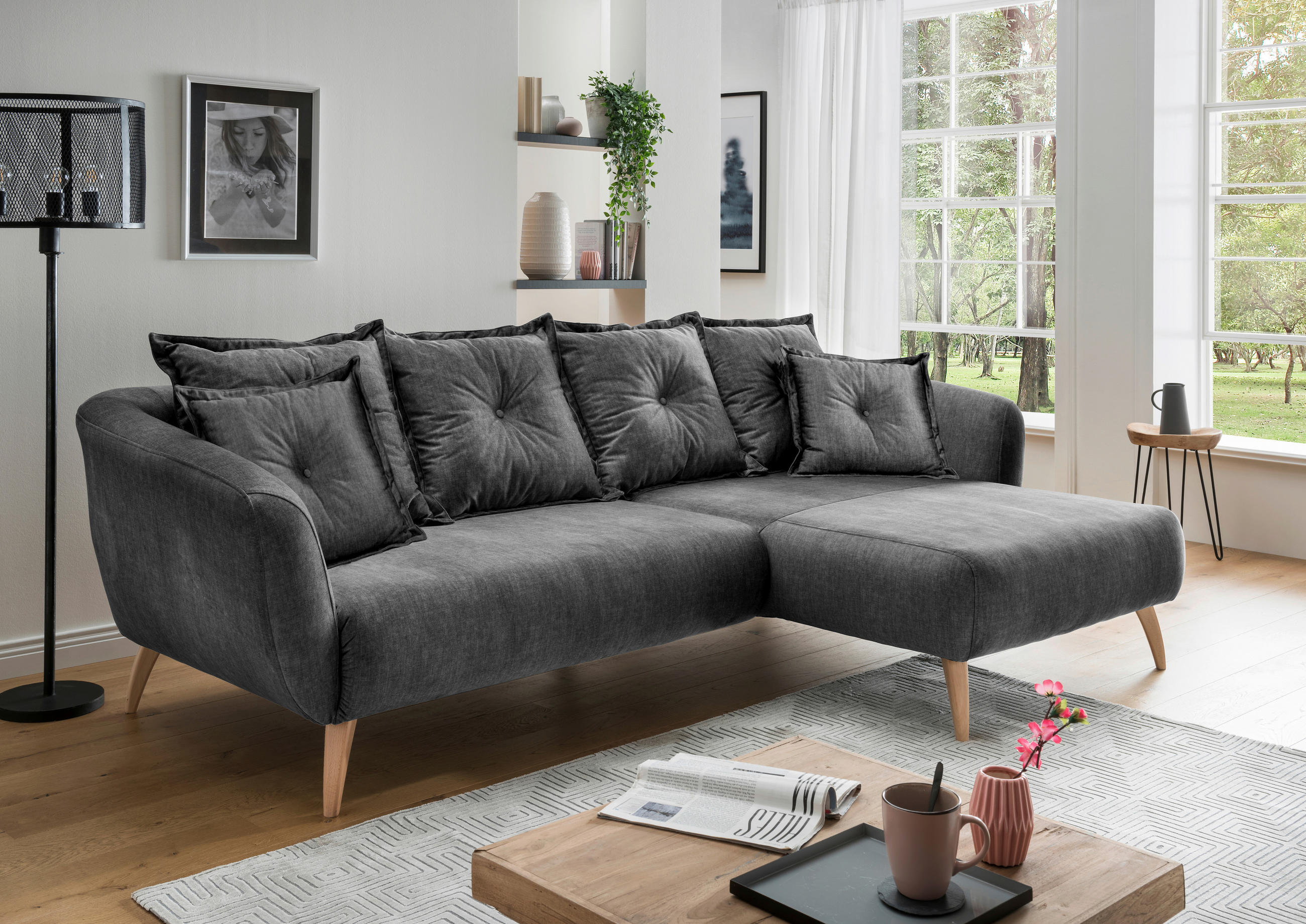 ECKSOFA in Velours Grau  - Buchefarben/Grau, Modern, Holz/Textil (277/162cm) - Livetastic