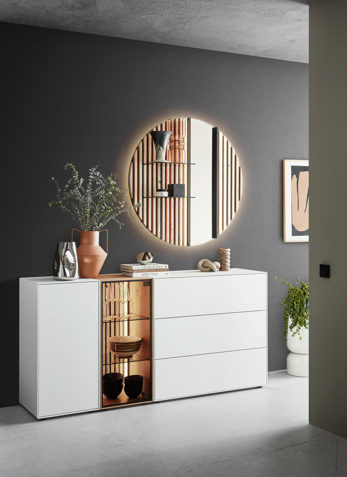 SIDEBOARD Weiß, Eichefarben  184/90/44 cm  - Eichefarben/Anthrazit, Design, Glas/Holz (184/90/44cm) - Johann Jakob
