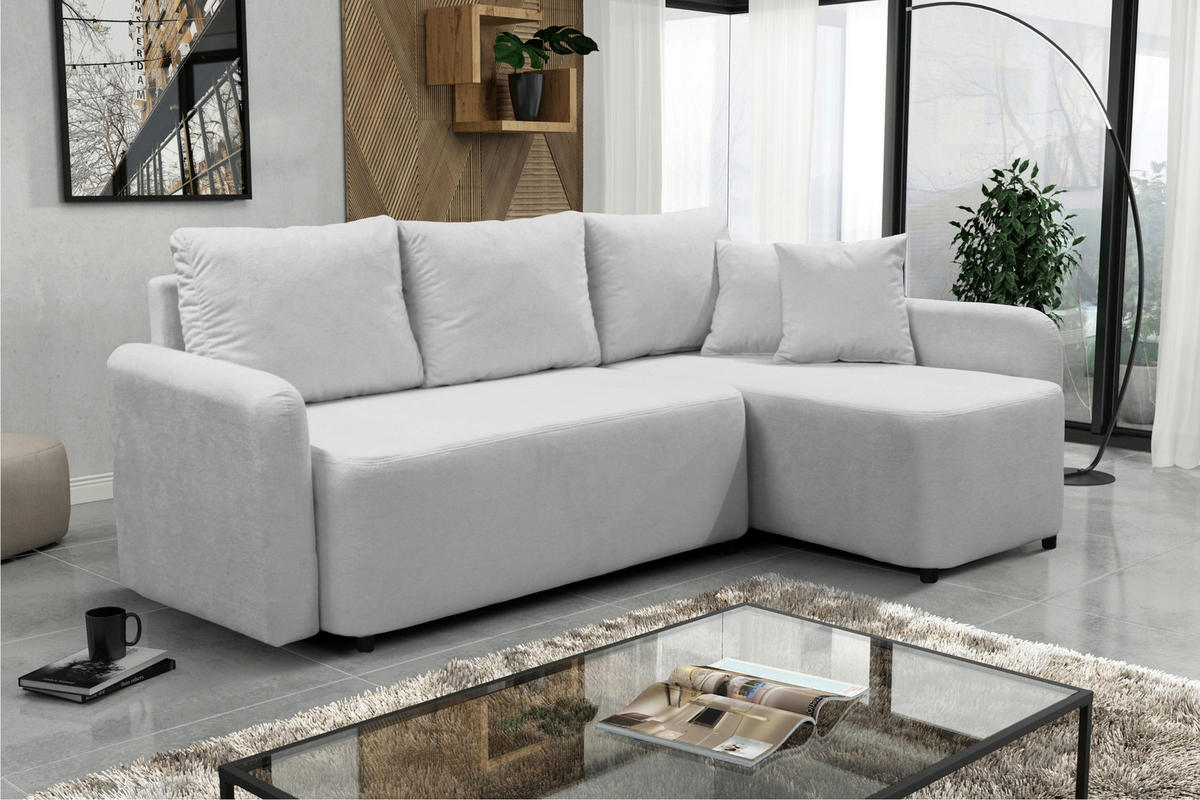 ECKSOFA STERN Hellgrau Bouclé Zierkissen, Rückenkissen, Bettkasten  - Hellgrau/Schwarz, Design, Kunststoff/Textil (207/152cm) - MID.YOU