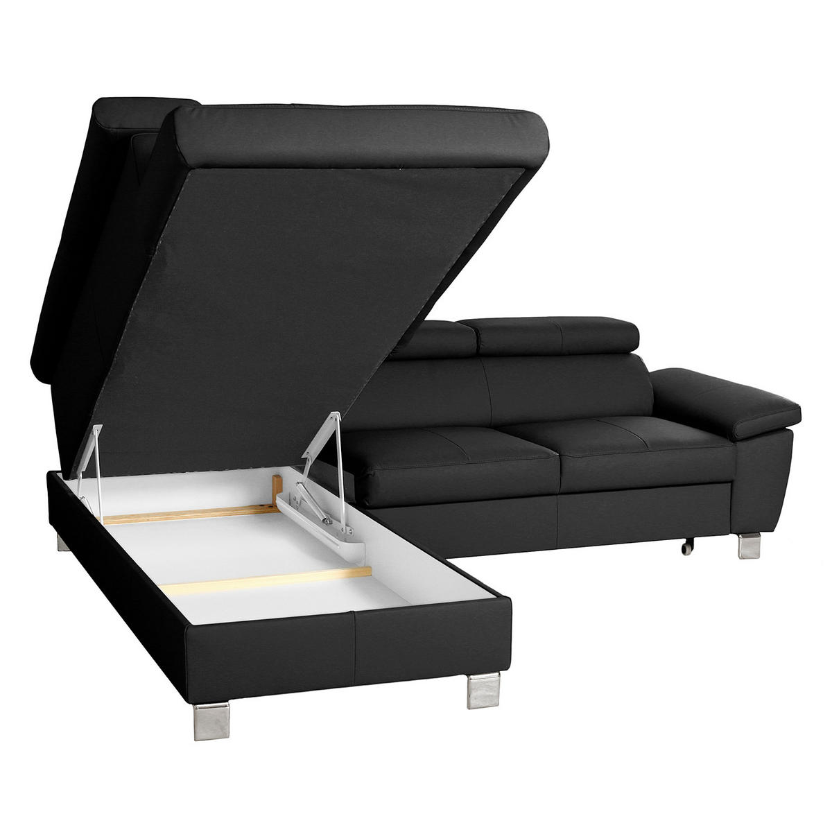 ECKSOFA Schwarz Echtleder Lederlook  - Chromfarben/Schwarz, Design, Leder/Textil (208/248cm) - Livetastic