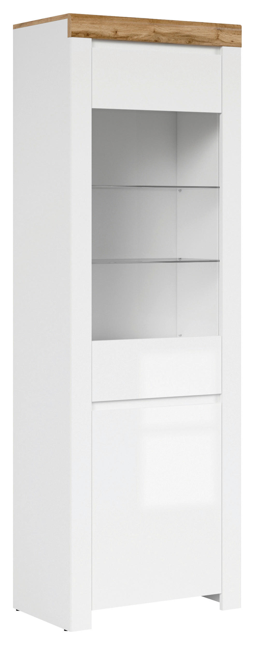 VITRINE in Weiß, Eiche Wotan, Weiß Hochglanz  - Weiß Hochglanz/Eichefarben, Design, Glas/Holzwerkstoff (68/203,5/42cm)