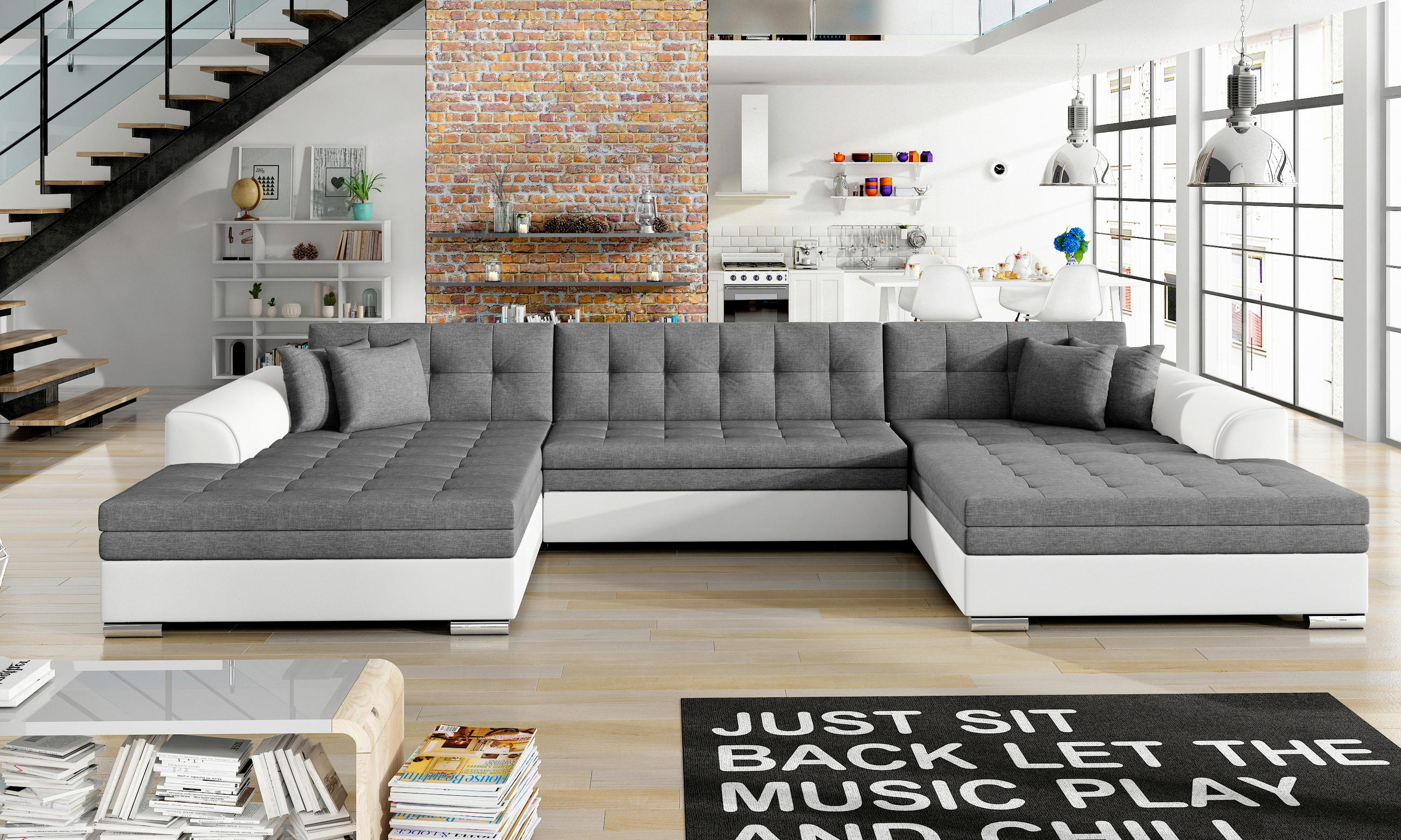 WOHNLANDSCHAFT in Grau, Weiß  - Chromfarben/Weiß, Design, Kunststoff (165/359/165cm) - MID.YOU