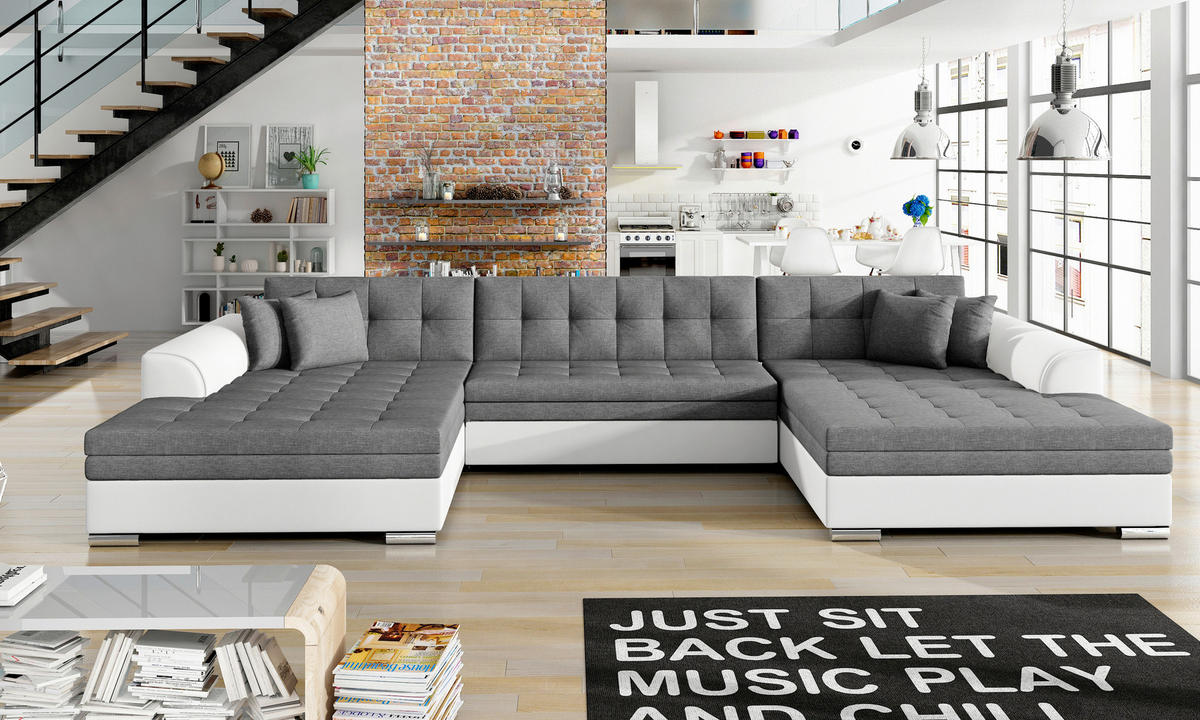 WOHNLANDSCHAFT Grau, Weiß  - Chromfarben/Weiß, Design, Kunststoff (165/359/165cm) - MID.YOU