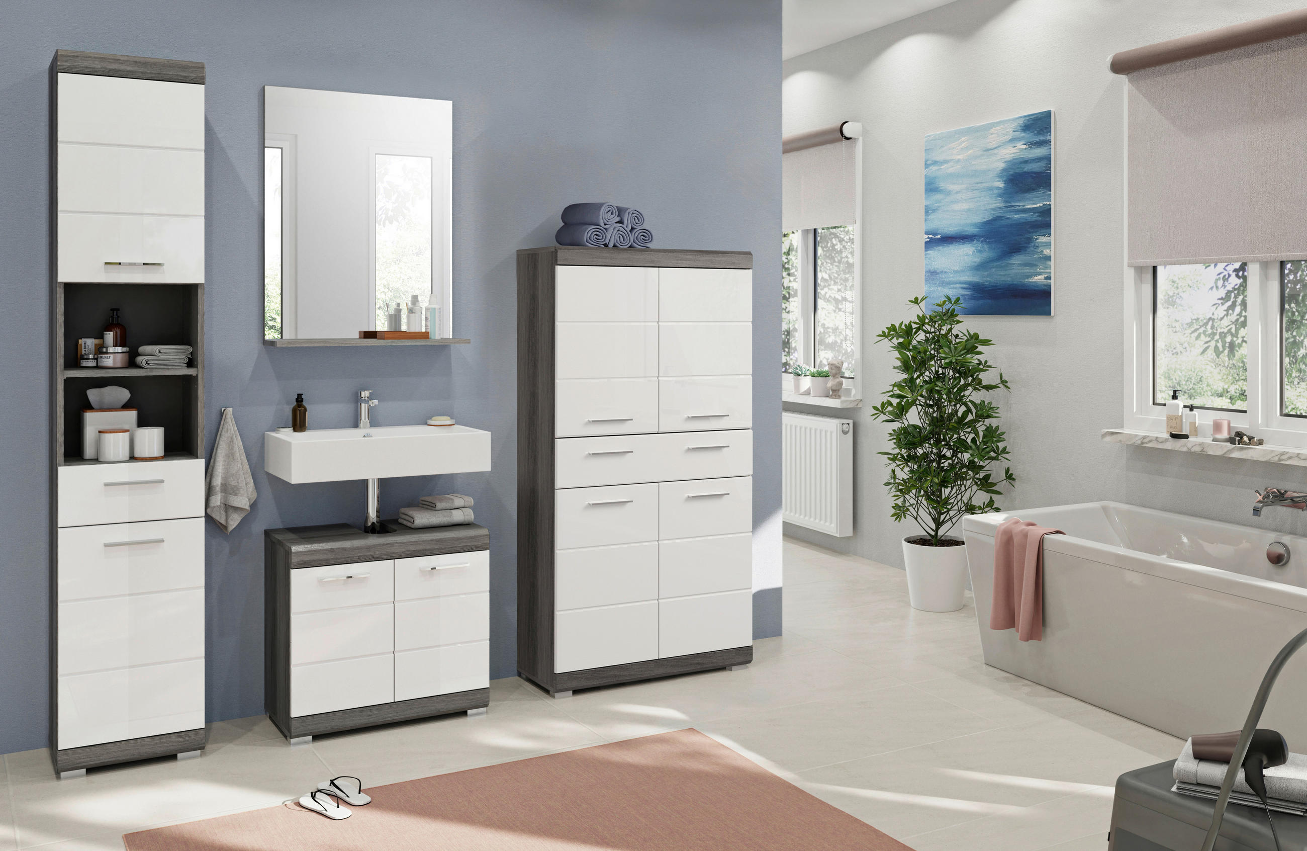 BADEZIMMER 4-teilig  in 171 cm  - Weiß Hochglanz/Grau, MODERN, Holzwerkstoff/Kunststoff (171cm) - MID.YOU