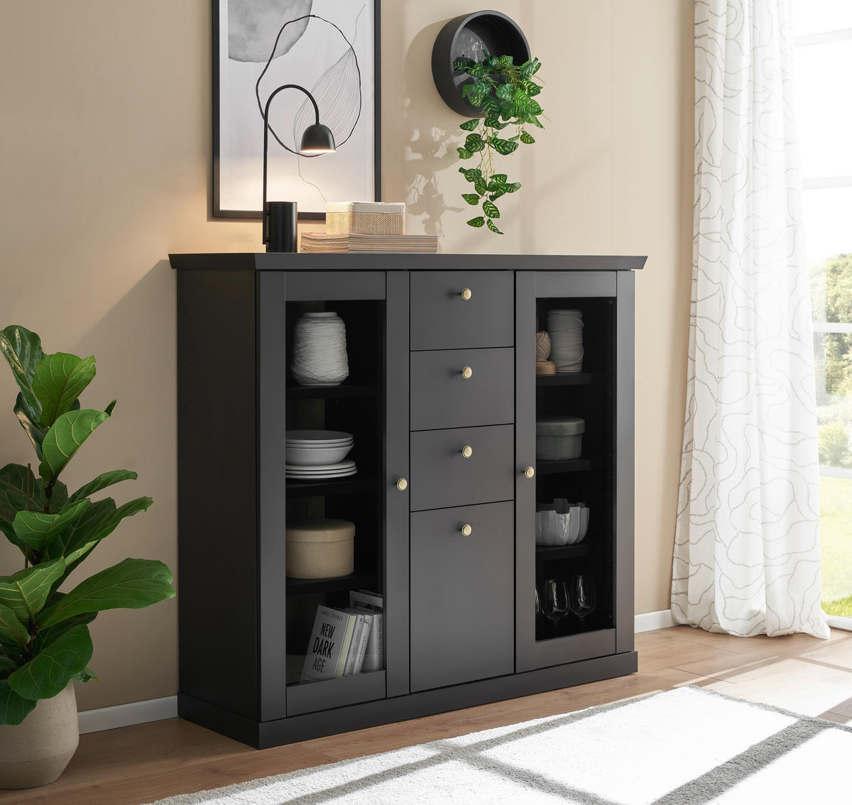 HIGHBOARD  129/118/42 cm 3 Schublade(n)  - Eichefarben/Schwarz, Design, Holzwerkstoff (129/118/42cm) - MID.YOU