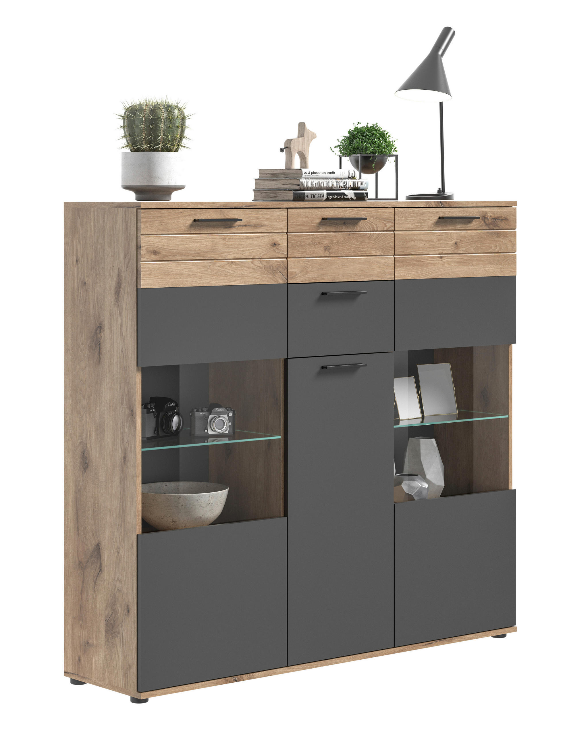 HIGHBOARD  in 140/134/37 cm  - Schwarz/Grau, KONVENTIONELL, Glas/Holzwerkstoff (140/134/37cm) - MID.YOU
