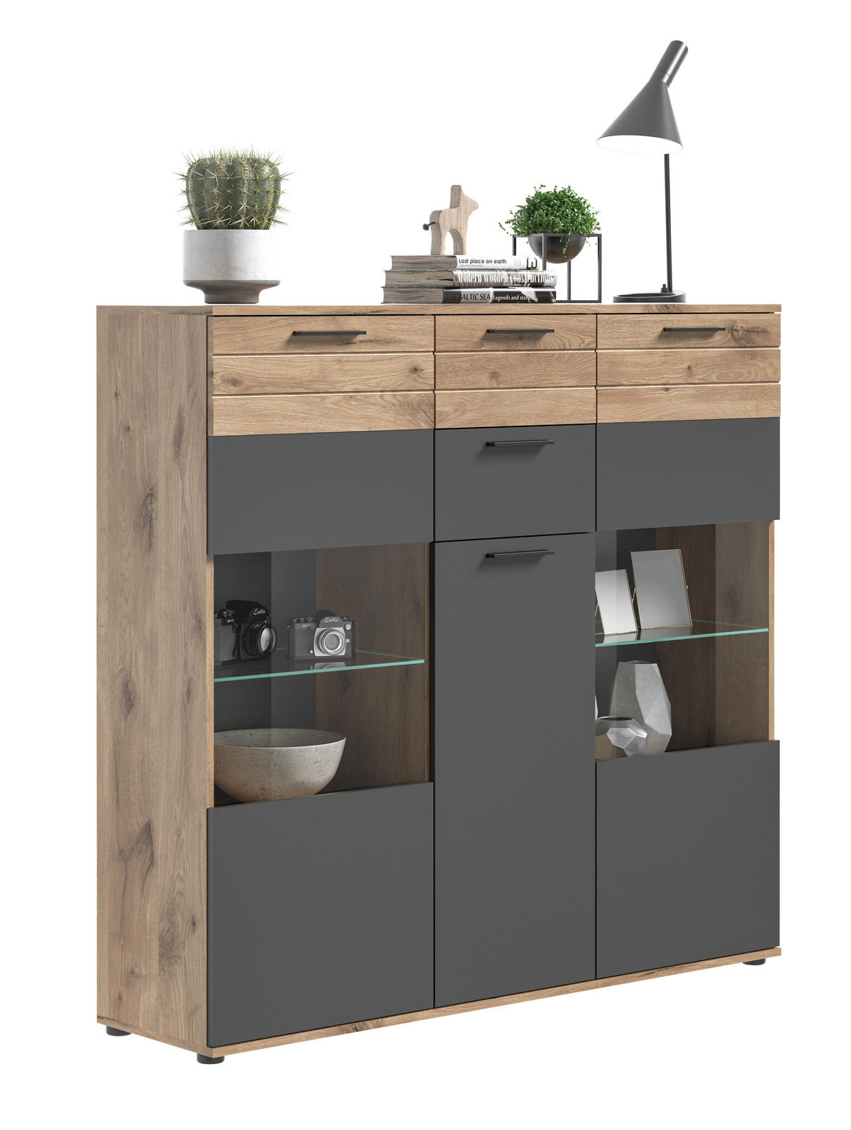 HIGHBOARD  in 140/134/37 cm  - Schwarz/Grau, KONVENTIONELL, Glas/Holzwerkstoff (140/134/37cm) - MID.YOU