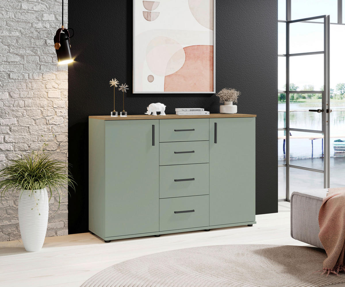 KOMMODE , 120/84/35 cm, 4 Schublade(n)  - Eichefarben/Salbeigrün, Design, Holzwerkstoff/Kunststoff (120/84/35cm) - MID.YOU