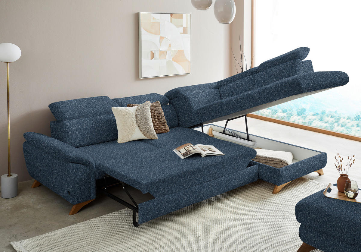 ECKSOFA in Bouclé Blau  - Blau/Eichefarben, Modern, Holz/Textil (287/212cm) - Valnatura