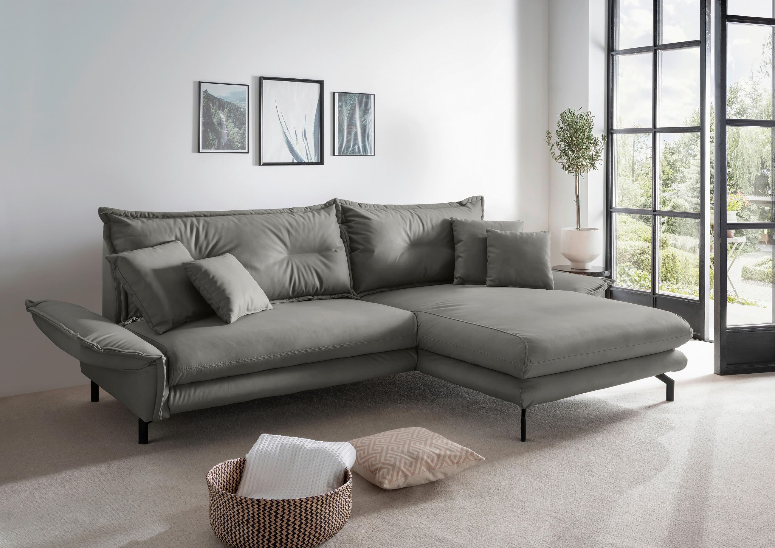 ECKSOFA in Lederlook Grau  - Schwarz/Grau, Modern, Textil/Metall (255/180cm) - Livetastic