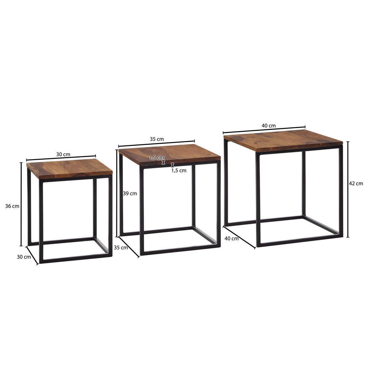 SATZTISCH Sheesham massiv quadratisch Sheeshamfarben  - Sheeshamfarben/Schwarz, MODERN, Holz/Metall (40/40/42cm) - MID.YOU