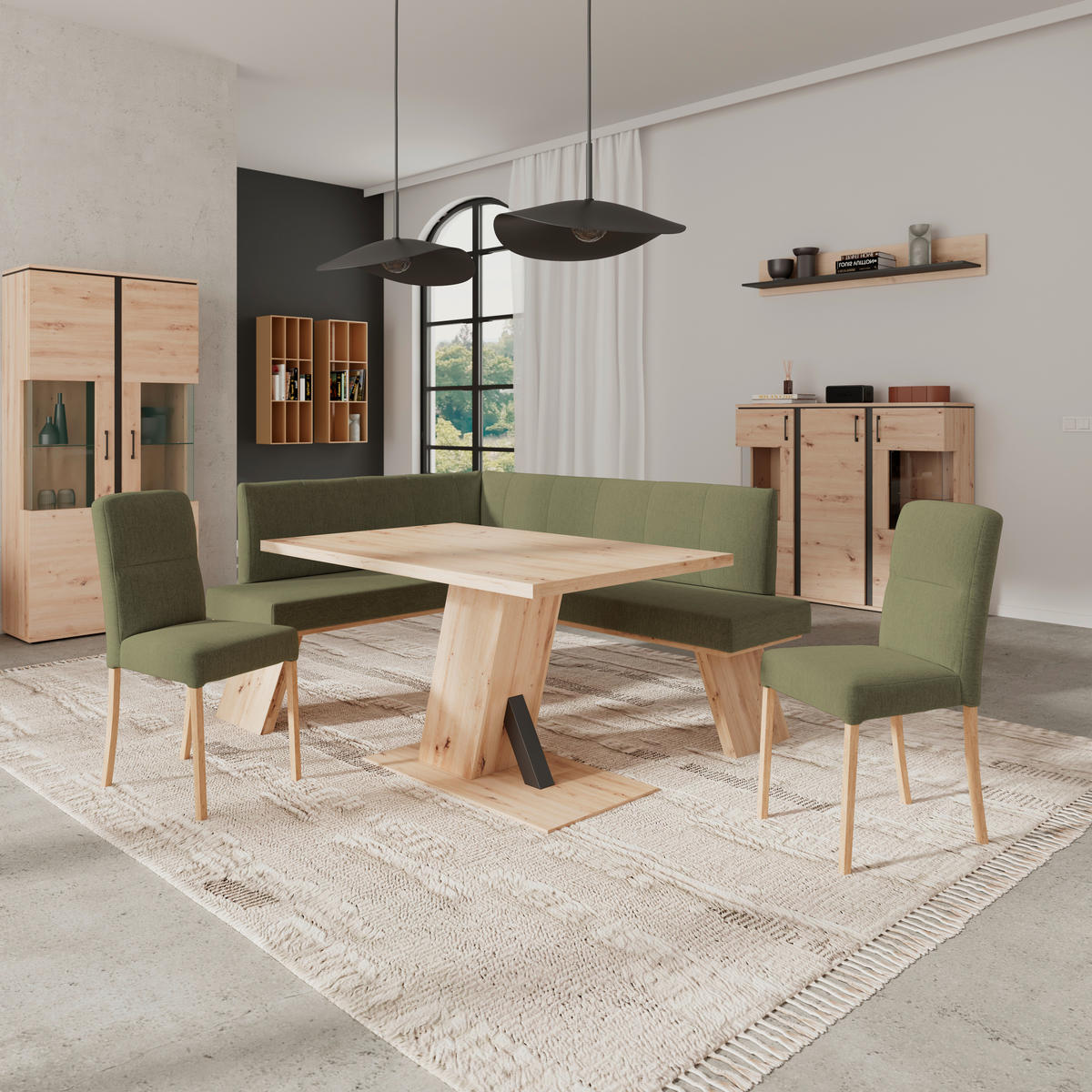 ECKBANK 150/185 cm Webstoff Grün   - Eichefarben/Grün, KONVENTIONELL, Textil (150/185cm)