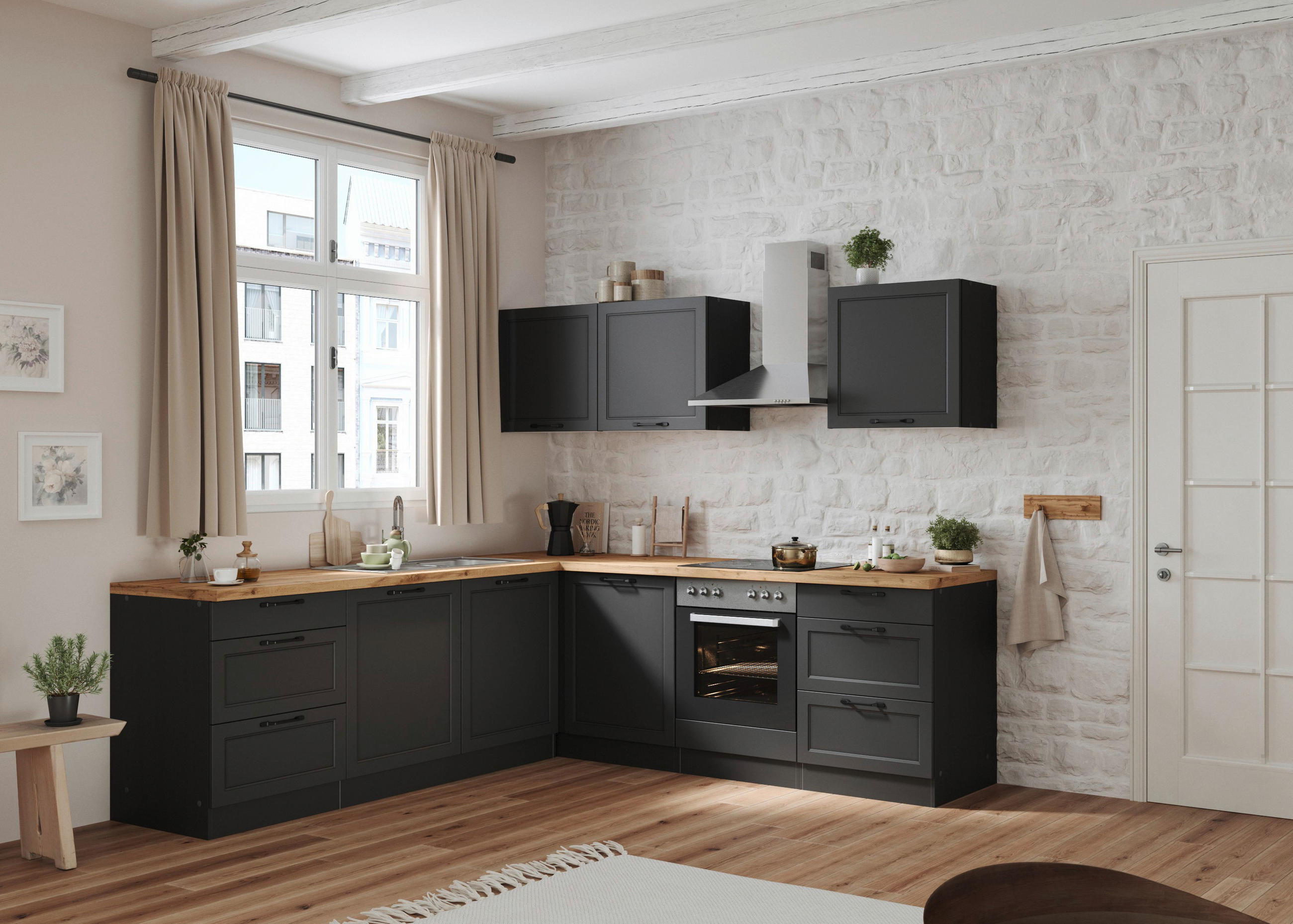 Eckküche Meran mit Geräte 240x240 cm Grau/Eiche Dekor