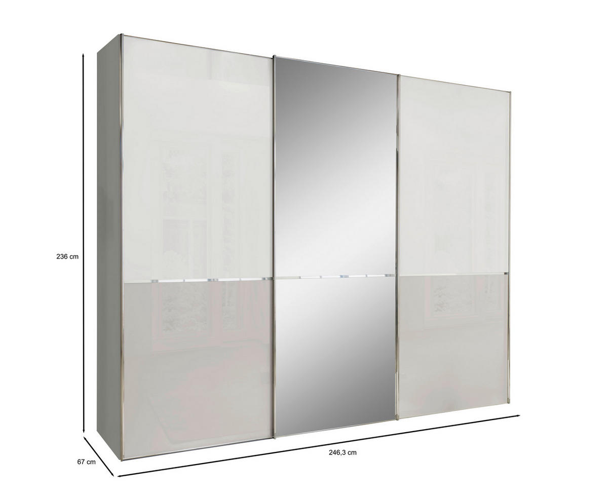 SCHWEBETÜRENSCHRANK 3-türig Grau, Weiß  - Chromfarben/Weiß, KONVENTIONELL, Glas/Holzwerkstoff (250/236/67cm) - Novel