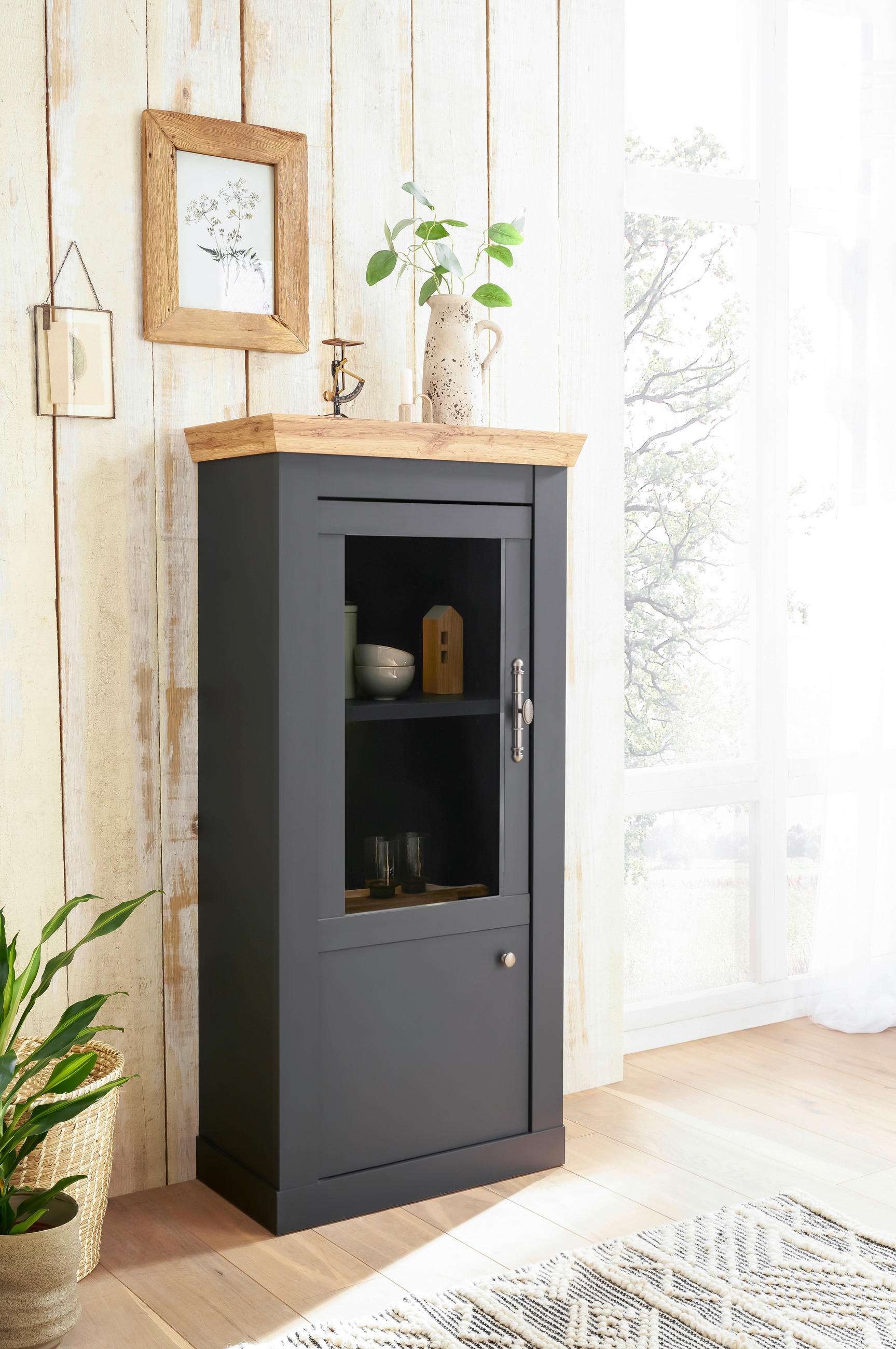 VITRINE in Anthrazit, Eiche Wotan - Anthrazit/Silberfarben, Design, Holzwerkstoff/Metall (72/146/38cm) - MID.YOU
