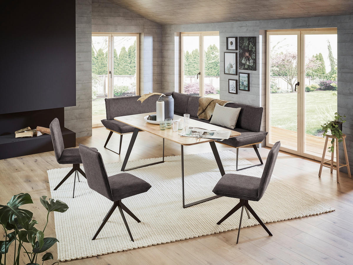 ECKBANK 243/183 cm Webstoff Dunkelbraun, Schwarz, Eichefarben Eiche massiv Metall   - Eichefarben/Dunkelbraun, Design, Holz/Textil (243/183cm) - Voleo