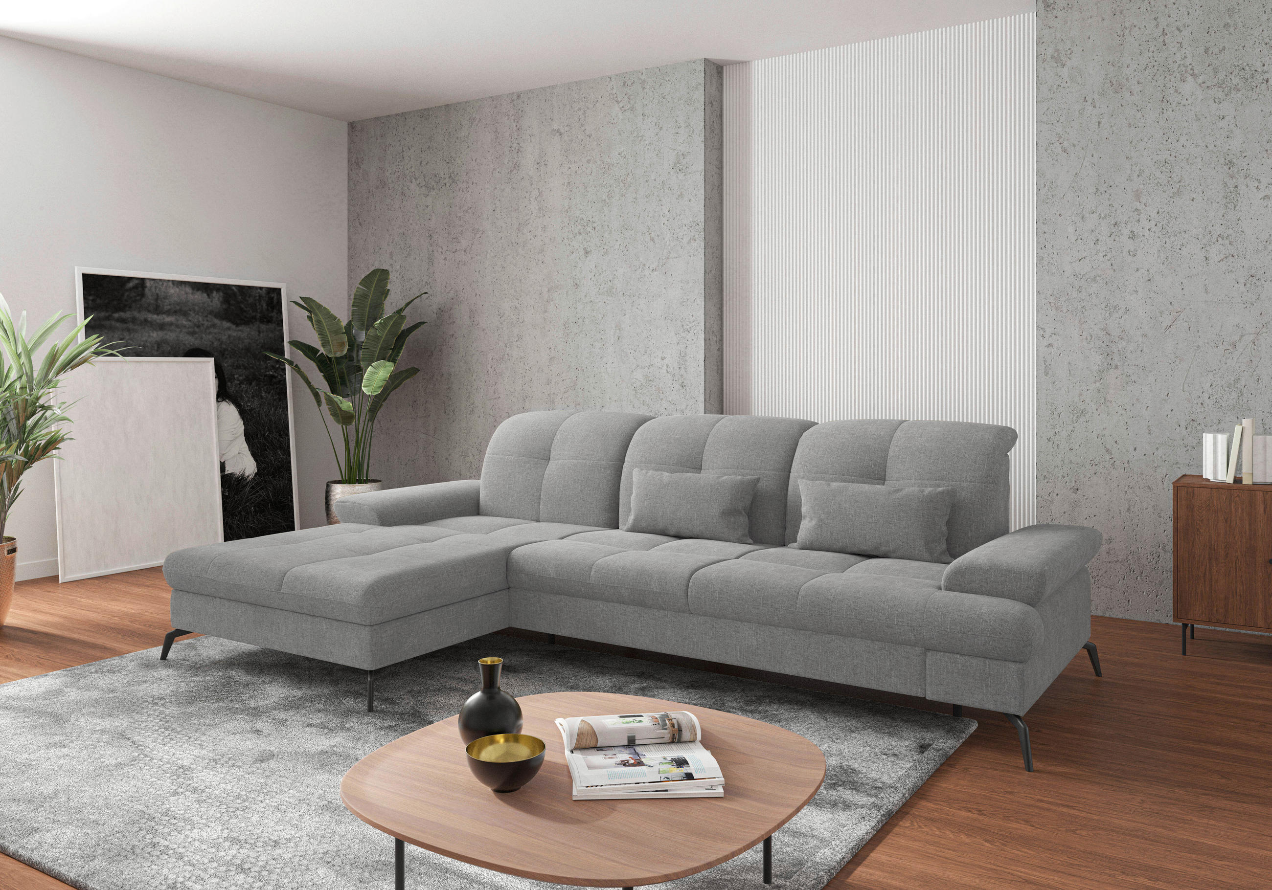 ECKSOFA Hellgrau Flachgewebe Bettkasten, Armteilverstellung, Kopfteilverstellung, Sitztiefenverstellung, Liegefläche im Originalstoff  - Hellgrau/Schwarz, KONVENTIONELL, Textil/Metall (185/279cm) - Sit & More
