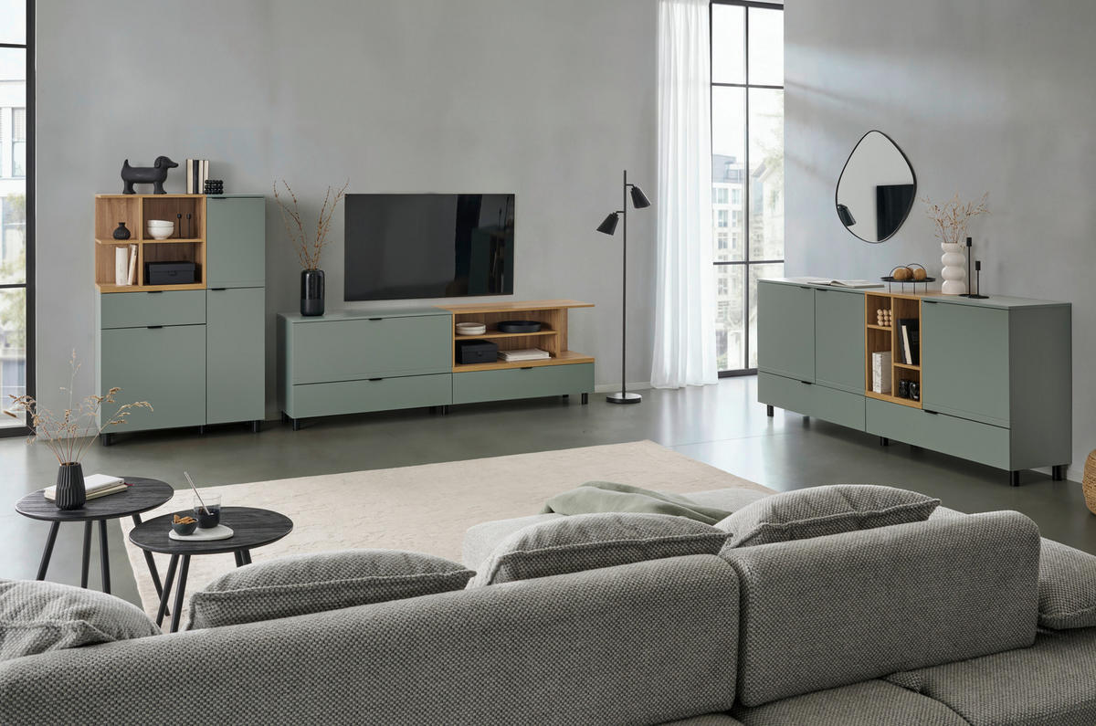 SIDEBOARD Eichefarben, Salbeigrün  210,4/89,4/42 cm  - Eichefarben/Salbeigrün, Modern, Holzwerkstoff/Metall (210,4/89,4/42cm) - Carryhome