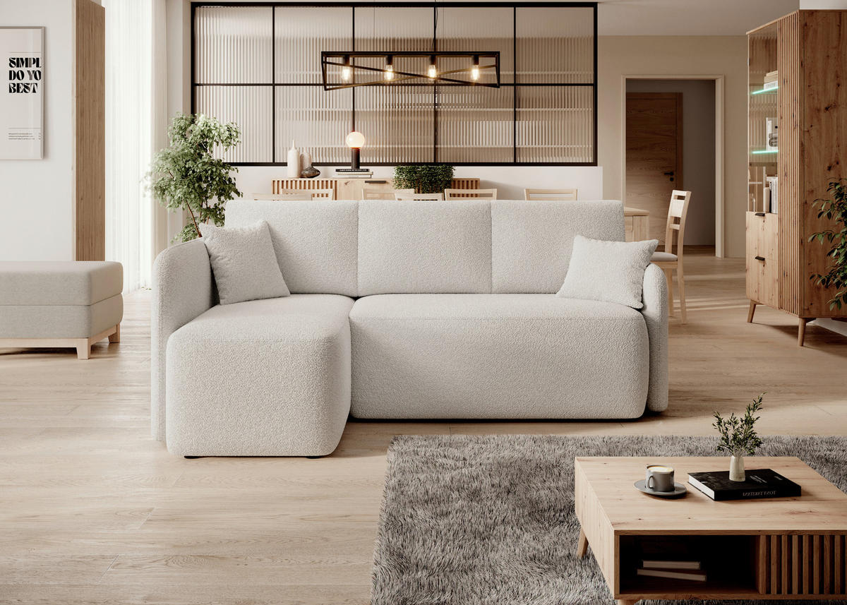 ECKSOFA HADSON Weiß Teddystoff Zierkissen, Rückenkissen, Bettkasten  - Schwarz/Weiß, Design, Kunststoff/Textil (150/206cm) - MID.YOU