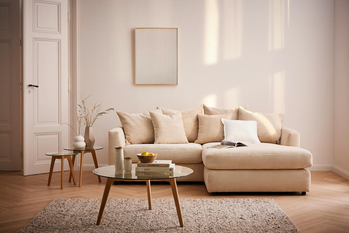 ECKSOFA Naturfarben Cord  - Schwarz/Naturfarben, Design, Kunststoff/Textil (235/175cm) - home24