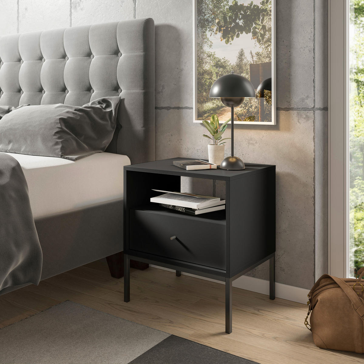 NACHTSCHRANK 54/56/39 cm  - Schwarz/Graphitfarben, MODERN, Holzwerkstoff/Metall (54/56/39cm) - MID.YOU