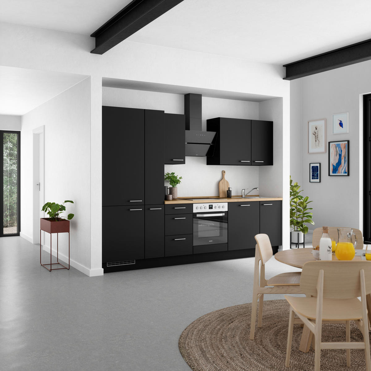 KÜCHENLEERBLOCK 300 cm   in Schwarz, Eichefarben  - Edelstahlfarben/Eichefarben, MODERN, Holzwerkstoff/Metall (300cm) - Nobilia