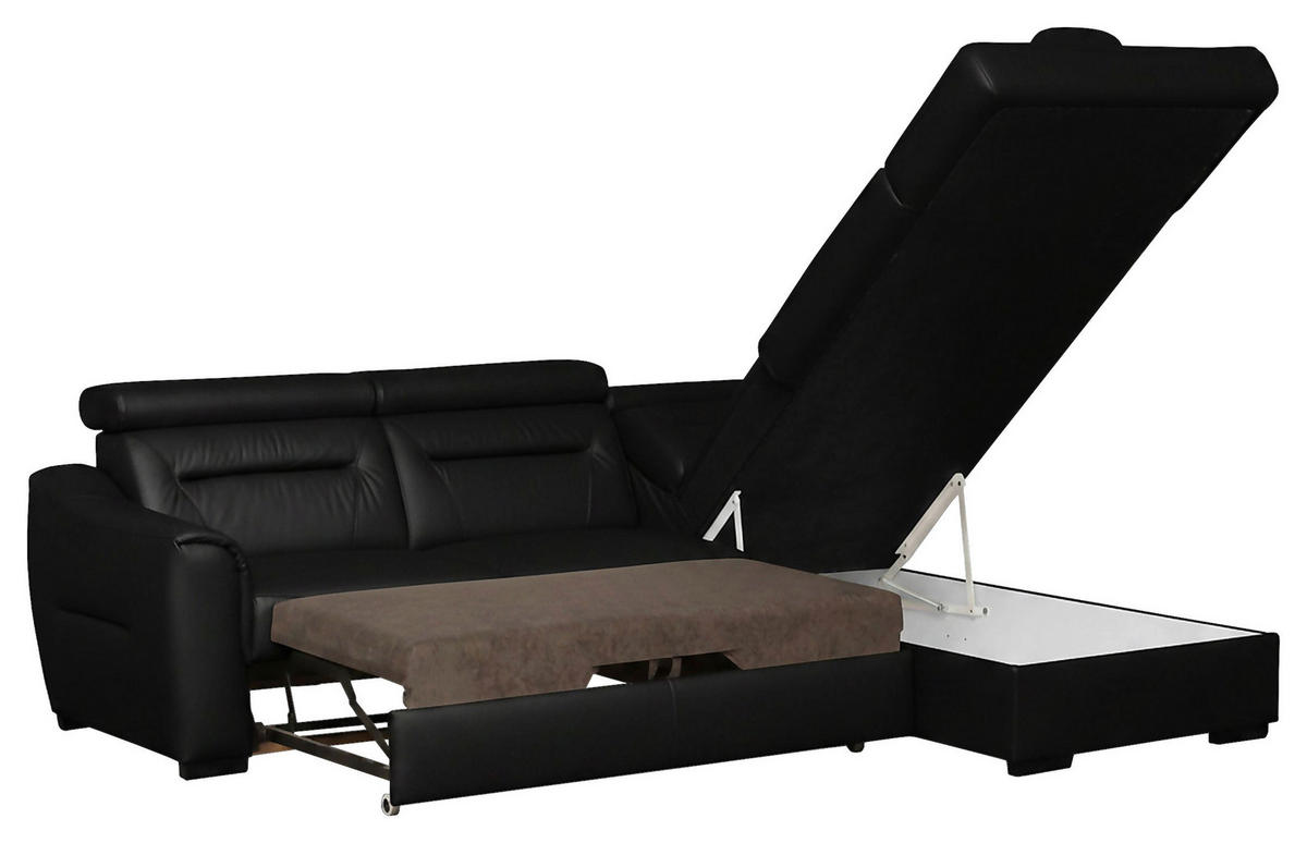 ECKSOFA Schwarz Echtleder Lederlook Bettkasten, Schlaffunktion, Rücken echt, Kopfteilverstellung  - Wengefarben/Schwarz, Design, Leder/Holz (260/212cm) - Celina Home