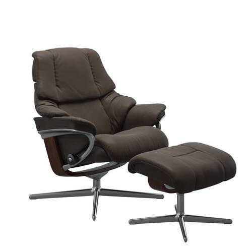 RELAXSESSELSET Echtleder Relaxfunktion, Hocker, Kopfteilverstellung    - Dunkelbraun/Alufarben, Design, Leder/Holz (83/100/76cm) - Stressless