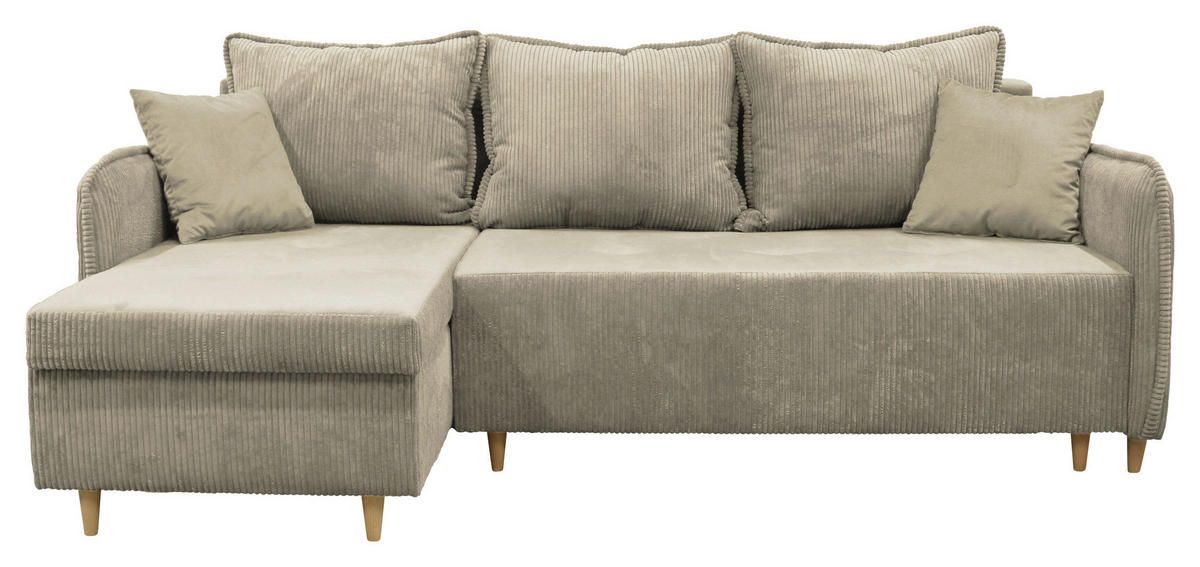 ECKSOFA TEDDY Beige Cord, Bouclé Zierkissen, Rückenkissen, Bettkasten  - Beige/Naturfarben, Design, Holz/Textil (142/215cm) - MID.YOU