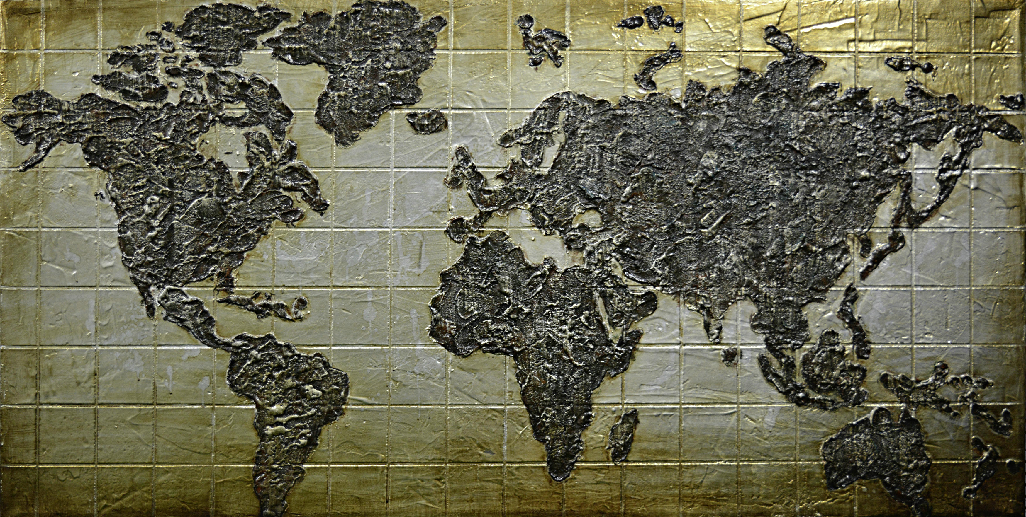 OLEJOMAĽBA, mapa sveta, 150/70 cm  - čierna/zlatá, Lifestyle, drevo/textil (150/70cm) - Monee