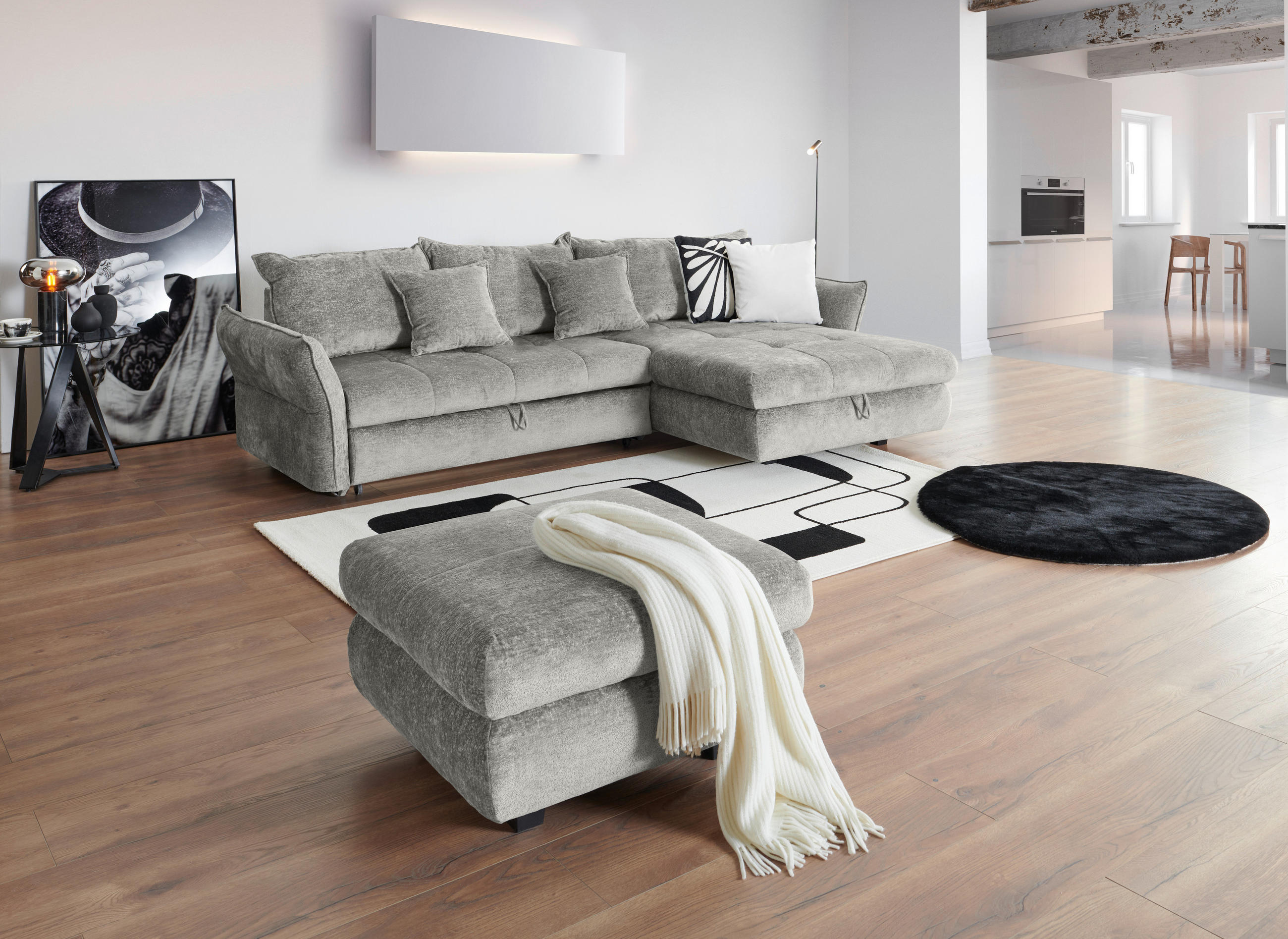 ECKSOFA in Chenille Silberfarben  - Silberfarben/Schwarz, KONVENTIONELL, Kunststoff/Textil (275/180cm) - Stylife