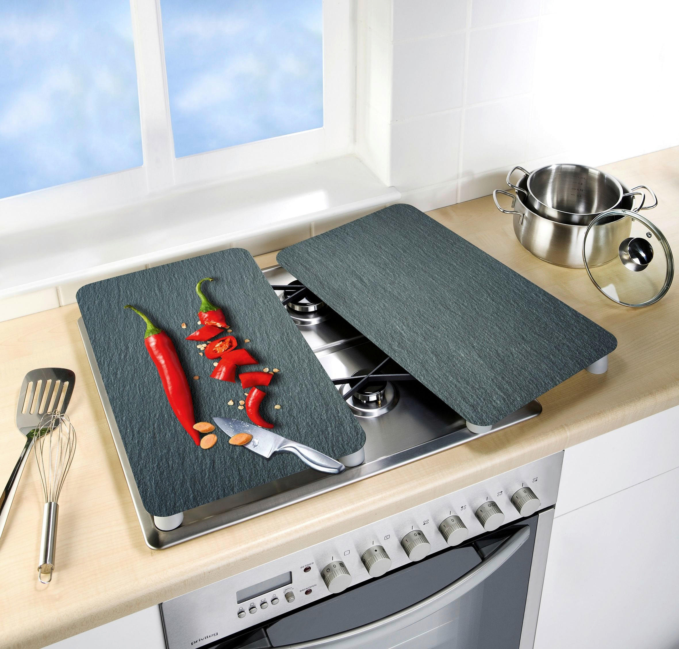 HERDABDECKPLATTE 53890100  - Schieferfarben/Rot, Design, Glas/Kunststoff (30/1,8-5,5/52cm) - Wenko
